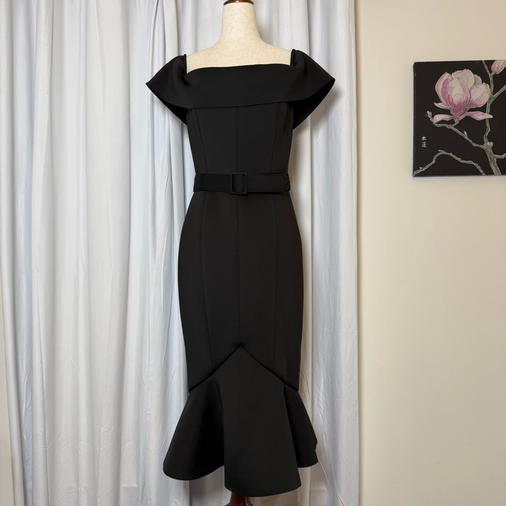 Badgley Mischka Off Shoulder Belted Scuba Dress Black NWT Size 8